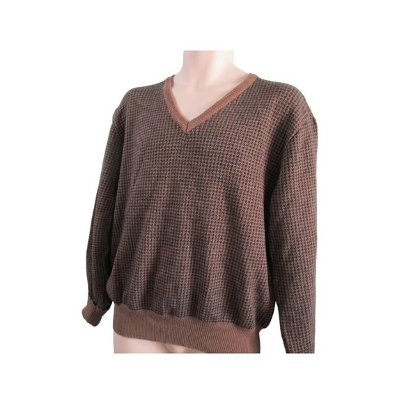 Vintage Nordstrom Black Tan Houndstooth Sweater Merino Wool Mens Lg Italy - Picture 12 of 16